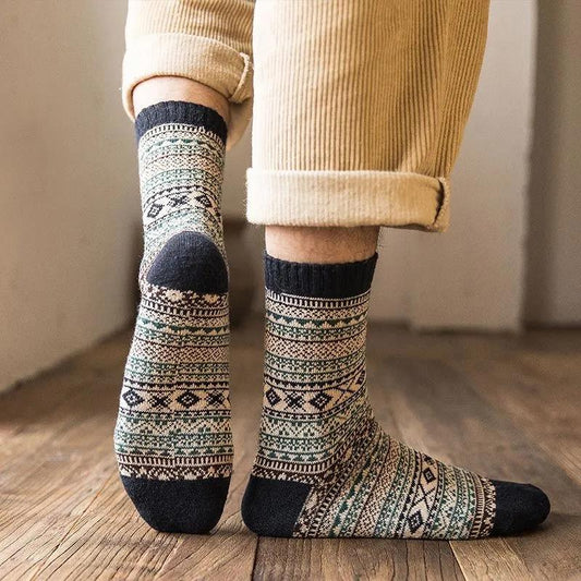 Five Pairs of Winter Men's Wool Socks Chinese Style Plus Velvet Thick Warm Cashmere Socks Retro Fashion Tube Socks