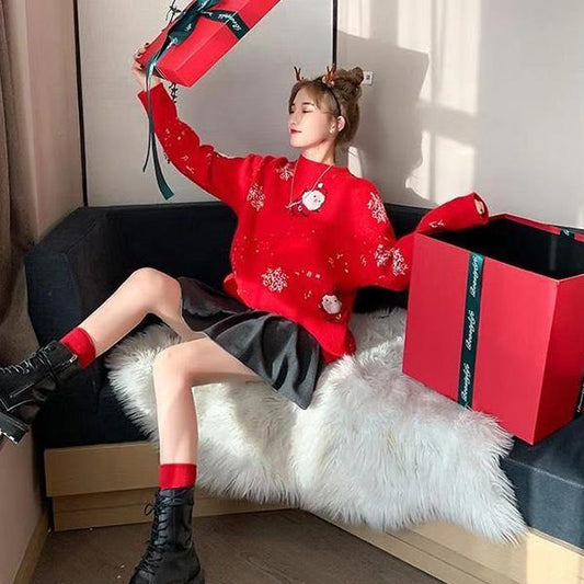 Autumn and Winter Santa Claus Head Sweater Loose Wild Snowflake Sweater Round Neck Long Sleeve Female Student Top Casual Fashion Coat