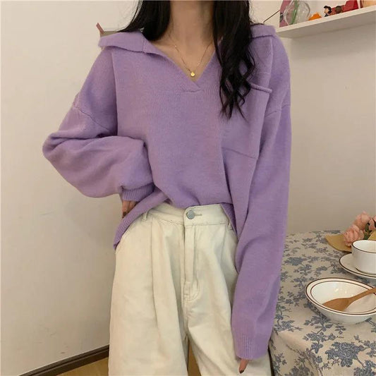 Autumn and Winter Students Lazy Wind V-neck Long-sleeved Sweater Loose Outer Wear Pullover Sweater Women