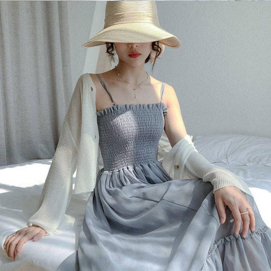 Summer Chiffon Spaghetti Strap Dress Women Sexy A-line Strapless Dress Beach Party Dress