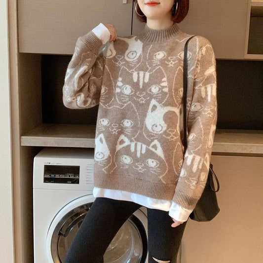 Autumn Winter Women Fashion Sweater Casual Knitting Sweater Print Round Neck Pullovers Loose Casual Long Sleeve Sweater
