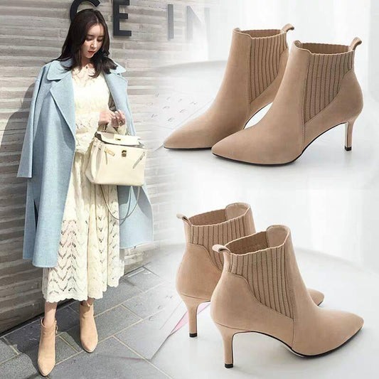 High Heels Ladies Boots Pointed Elastic Thick Heel Stiletto Knit Shoes