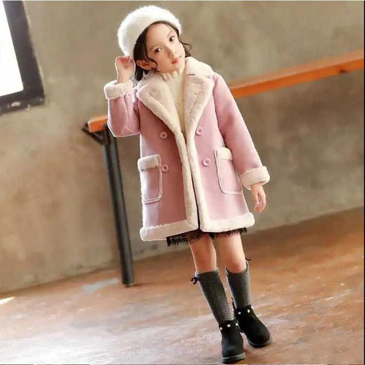 Girls' Winter Coats Big Children's Fur Girls Western Style Coats Mink Fleece Tops Woolen and Velvet Thick Solid Color Cotton Jackets