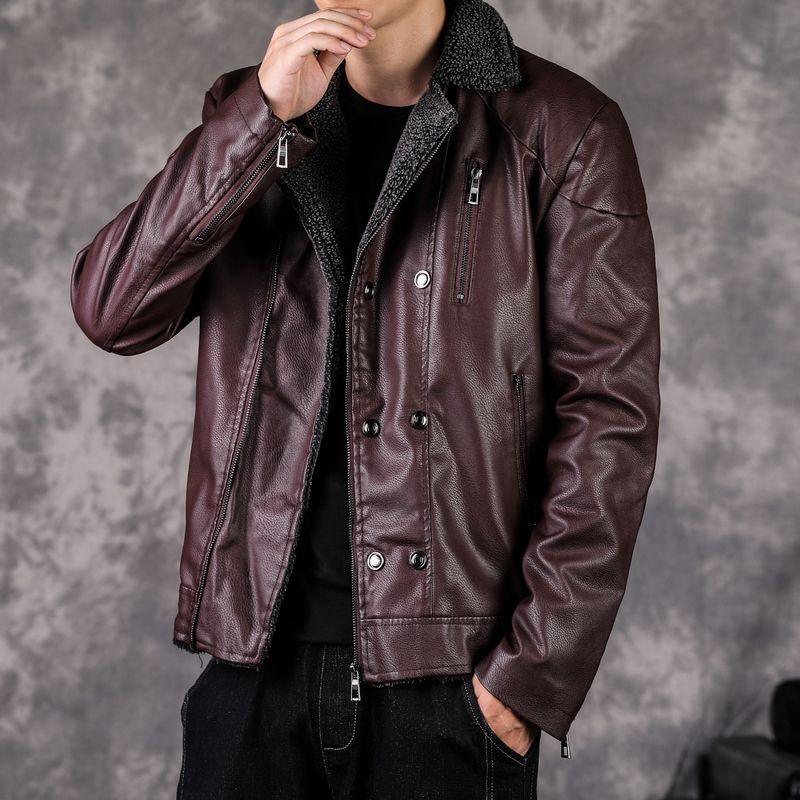 Winter Plus Velvet and Thick Fur One Youth Korean Version of Self-cultivation and Handsome PU Jacket Without Cracking