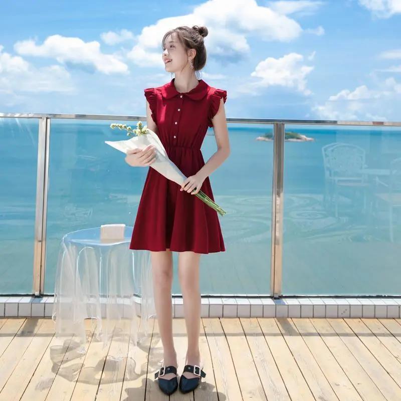 Summer Wine Red Dress Short-sleeved Doll Collar Female Dress Small Short Vest Dress