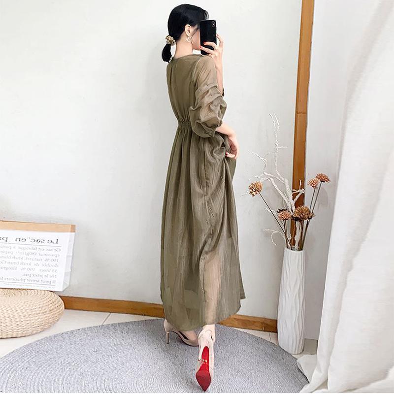 Summer Women Short-sleeved Chiffon Dress V-neck High Waist Solid Beach Midi Dresses Sexy