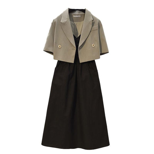 2 Pieces Women Sling Dress Suit Spring and Summer Short Sleeve Button Casual Vacation Office Home