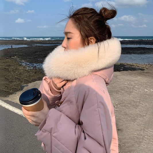 Fluffy Big Fur Collar Hooded White Duck Down Down Jacket Women's Mid-length Loose Women's Winter Thick Coat Button Design Winter Jacket