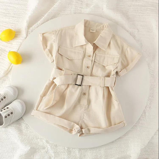 Girls' Denim One-piece Suit Summer Children's Work Clothes One-piece Pants Single breasted Belt Button Korean Style Casual Set