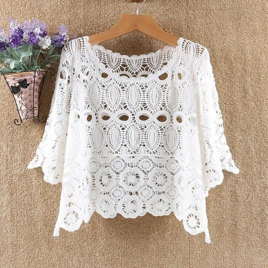 Hollow Out See-through Knitwear Loose-fitting Thin Pullover Top All-match Short with Skirt Jacket Thin Blouse Breathable