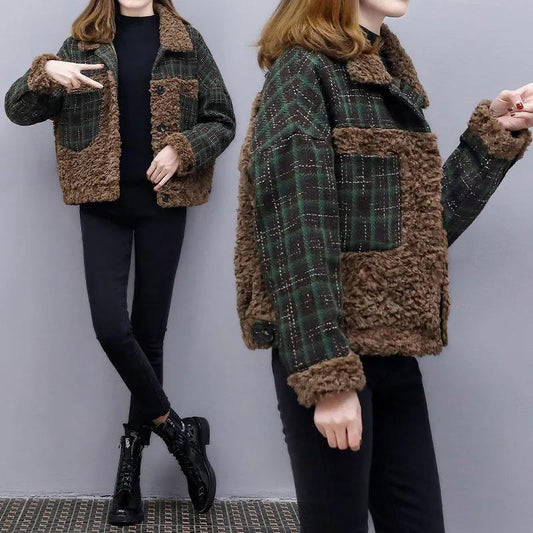 Lamb Wool Stitching Short Coat 2021 Autumn and Winter Plaid Wool Short Coat Cotton-padded Jacket Women