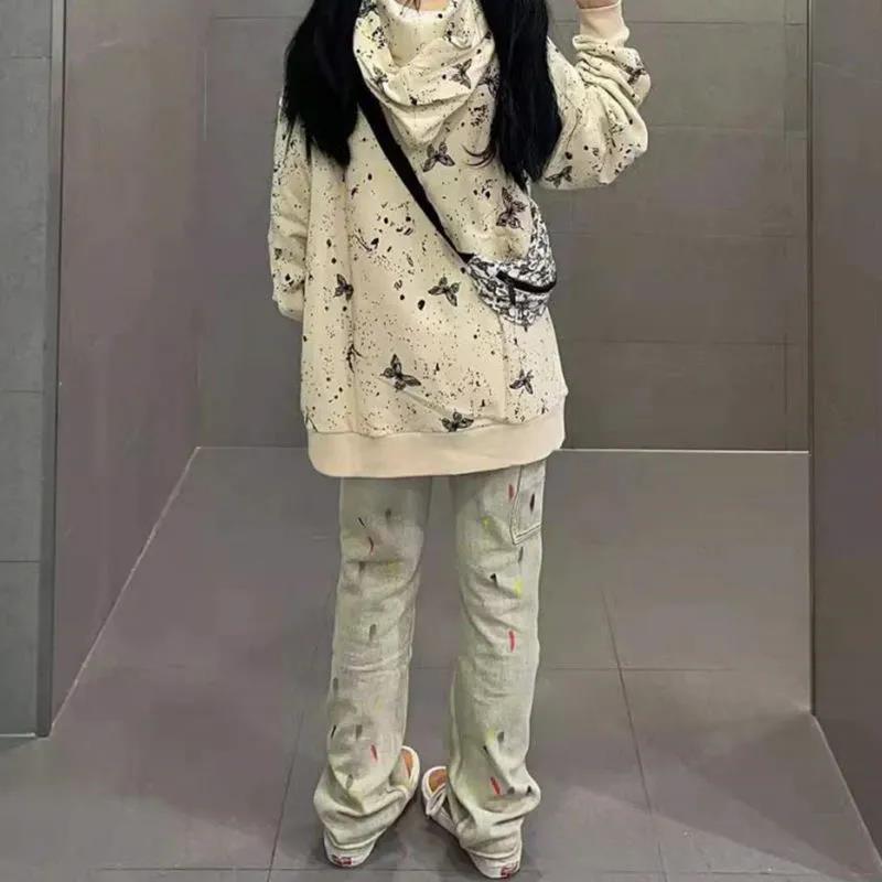 Street Vibe Retro Jeans Female Big Size Fat Mm American High Street Loose Straight Hairspants INS