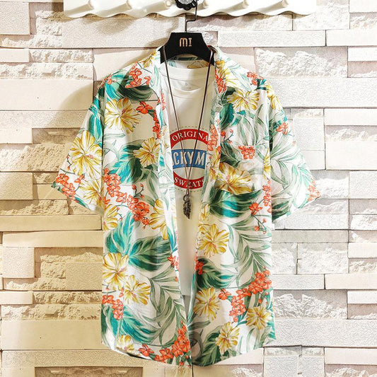 Summer Beach Shirt Men Tees Half Sleeve Clothes Leaf Fruit Print T-shirt Button Up Top Casual Male Undies Plus Size Overshirt