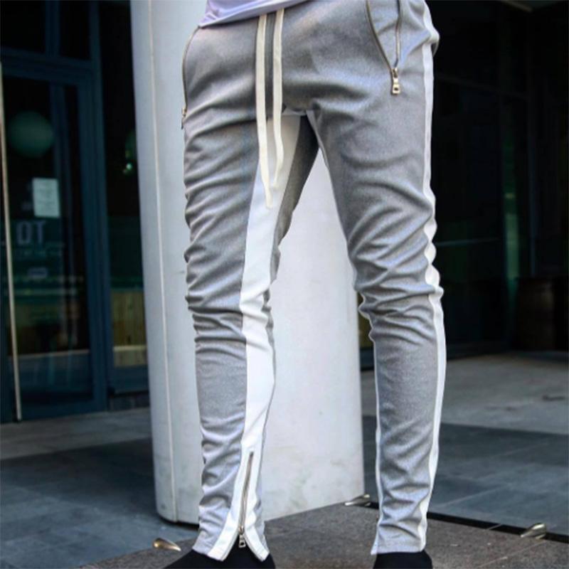 Men's Sports Pants Long Pants with Zipper Cotton Color-block Pants Casual Sports Men's Pants