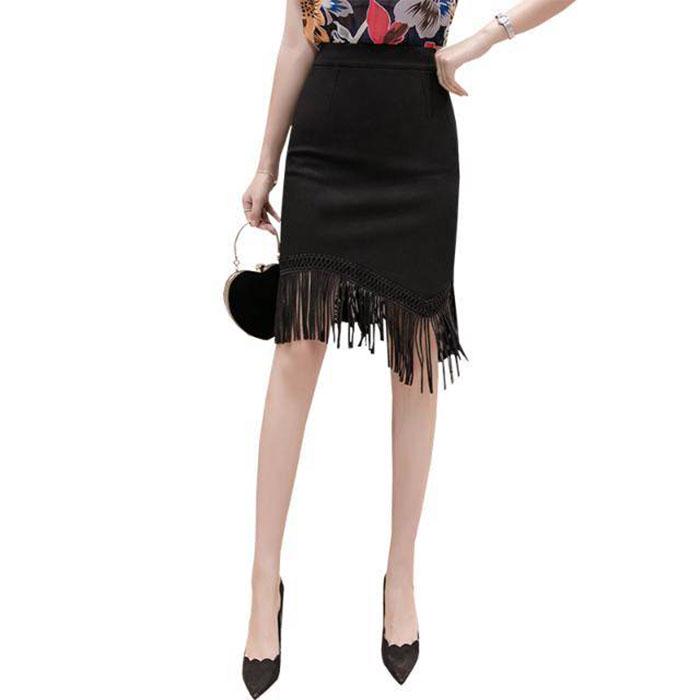 Pofulove S-2XL Women Irregular Fringe Black Skirt Anti-light Thin Bag Hip Skirts Mini A-line Skirt