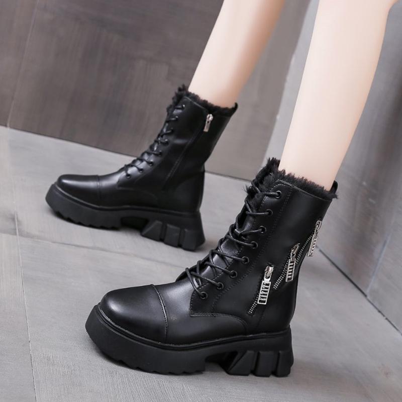 Women Winter Shoes Ankle Boots Leather Warm Plush Snow Boots Female Shoes Woman Chunky Platform Booties White Black