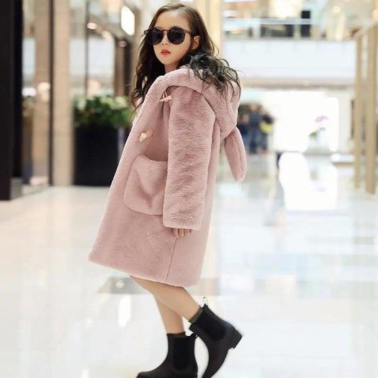 Winter Girls Warm and Windproof Jacket Thickened Faux Fur Mid-length Coat