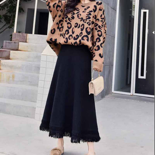 Autumn and Winter Knitted Skirts Women's Mid-length Winter Skirts, A-line Thick Woolen Yarn Winter Sweaters Skirts Long Skirts