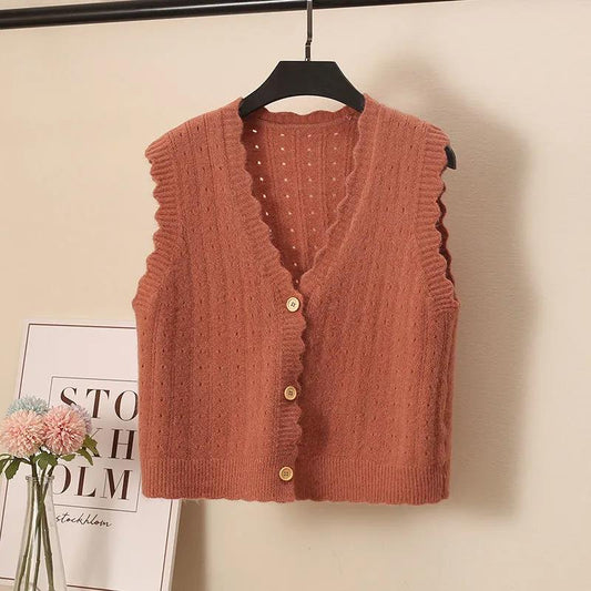 Wool Knitted Vest Women's Vest Spring and Autumn Loose Short Wave Side Single-breasted Hollow Sweater Small Cardigan