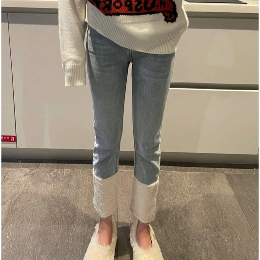 Plus Velvet Thickened Jeans Female Autumn and Winter Models Fashion High Waist Display Slim Pants Flap Stitching Nine Points Straight Pants