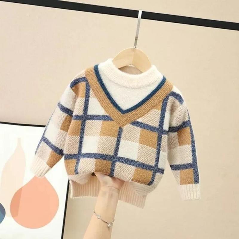 Boys and Girls Mink Velvet Sweater Autumn and Winter Children's Pullover Sweater Thick Loose Plaid Sweater