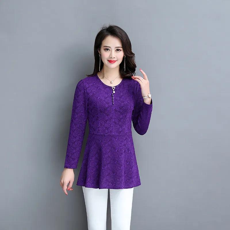 Women's Spring and Autumn Long-sleeved Top Large Size Waist Round Neck Solid Color Mother Top