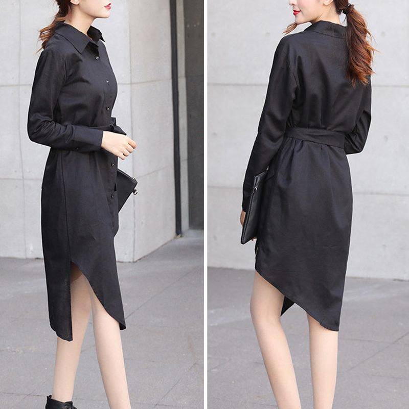 S-XXXXXL T-shirt Dress with Belt Loose Turn-down Collar Casual Long Sleeve Buttons Women Dress Irregular Split Fork