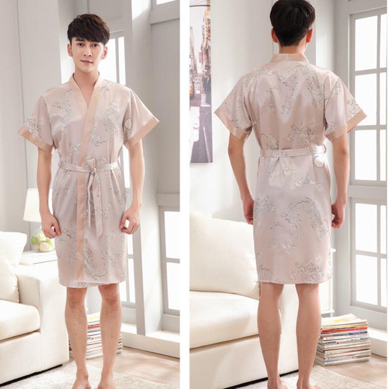 Silk Pajamas Men's Summer Short-sleeved Thin Ice Silk Men's Pajamas Bathrobes Men's Long Spring and Autumn Imitation Silk Home Clothes