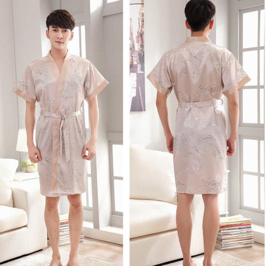 Silk Pajamas Men's Summer Short-sleeved Thin Ice Silk Men's Pajamas Bathrobes Men's Long Spring and Autumn Imitation Silk Home Clothes