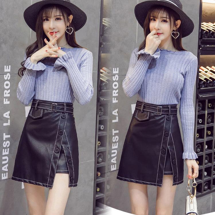 S-XXXXLLeather Skirt Women's Sexy Glossy PU Leather Belt Button Zipper Split Mini Skirt Mid Waist A-line Pencil Skirts