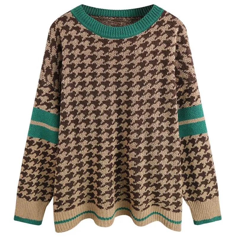 Korean Style Lazy Sweater Women's Autumn and Winter Knitted Trendy Ins Loose Foreign Style Round Neck Retro Houndstooth Top