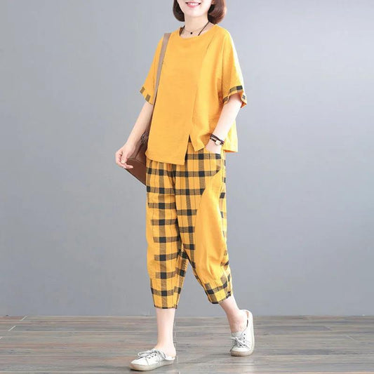Suit Summer Plaid Casual Suit Loose Large Size Was Thin Two-piece Casual Suit Home Service Fabric Light and Breathable Sweat-absorbent