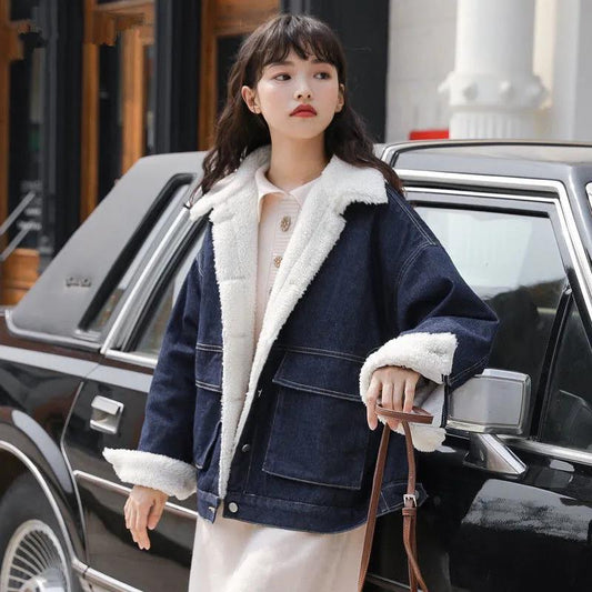 Winter Plus Velvet Denim Jacket Women's Loose Lamb-like Wool Padded Coat Short Student Cotton Coat