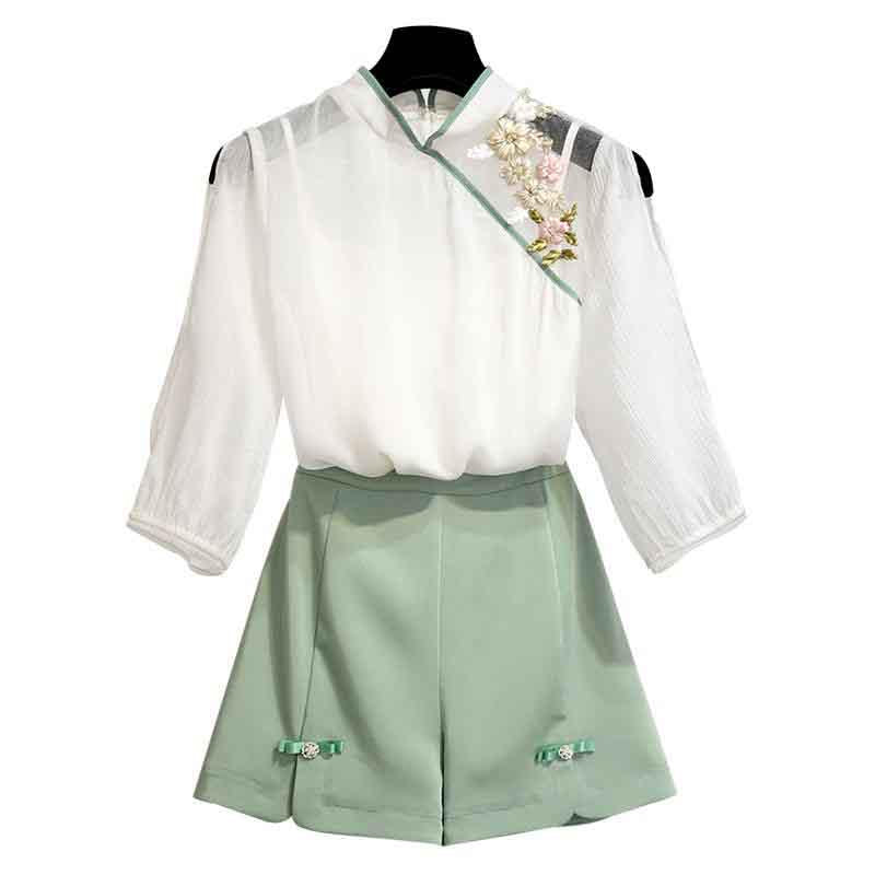 Women Chinese Style Chiffon T-shirt+Shorts+Vest 3pcs Office Ladies T-Shirt Shorts Suits