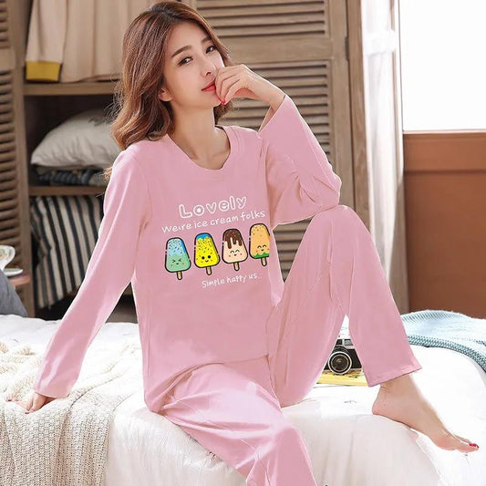 Ladies Pajamas Set Spring Autumn Cotton Long-sleeved Suit Cartoon Printing Pink Top Pants Two-piece Set Outdoor House Wear