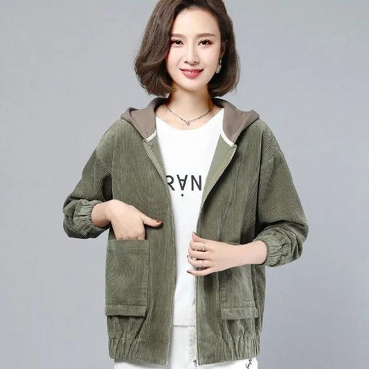 Corduroy Short All-match Hooded Loose Coat Women's Spring and Autumn Korean Plus Size Female Thin Top All Match Short Outerwear