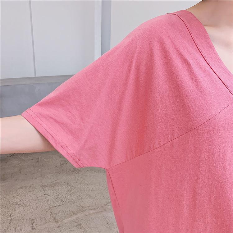 Large Size Slit T-shirt Dress Female Summer V-neck Loose Long Over-the-knee Open Back Long Dress