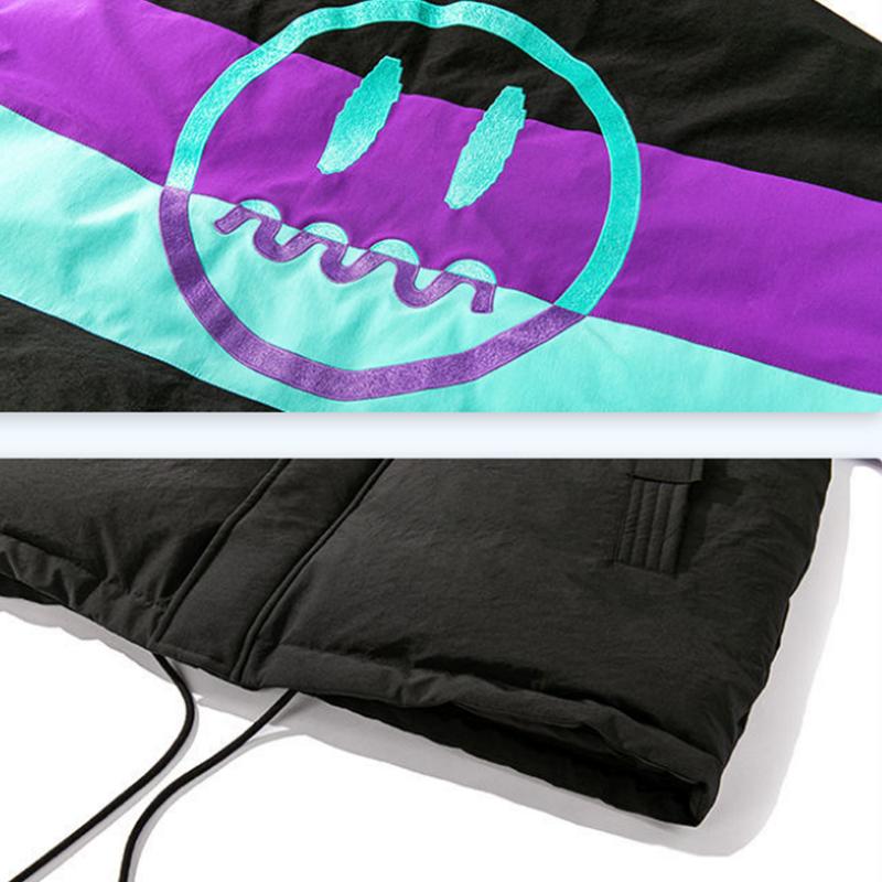 Devil Jacket Contrast Color Stitching Embroidery Velcro Drawstring Warm Casual Down Jacket Men and Women The Same Loose Travel Jacket