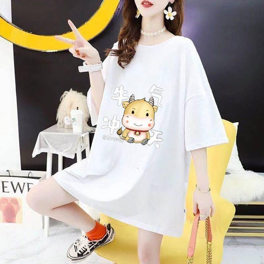 Women's Halter Mid-length T-shirts Women's Round Neck Short-sleeved Loose and Thin T-shirts Half-sleeved Tops Women's Casual Loose T-shirt