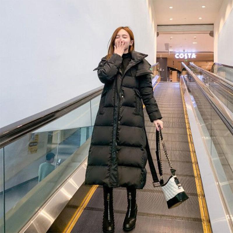 Women's Solid Color Long Down Jacket Quilted Coat Women's Winter Padded Down Jacket Hooded Down Jacket with Warm Stand-up Collar