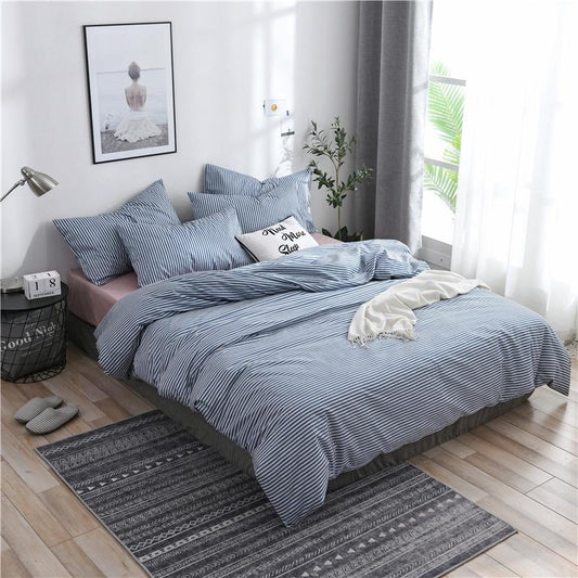 4Pcs Simple Striped Bedding Set Quilt Cover Bed Sheet Pillowcases 5 Size Bedspread