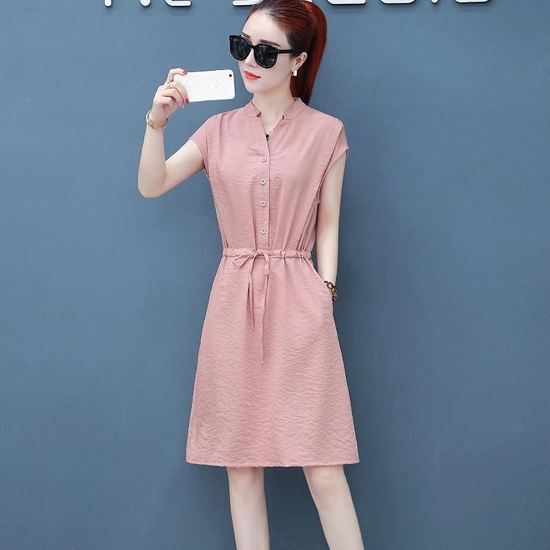 Women's Dress with Waist and Thin Temperament Simple and Casual A-line Skirt Women's Mid-length Temperament and Waist Dress