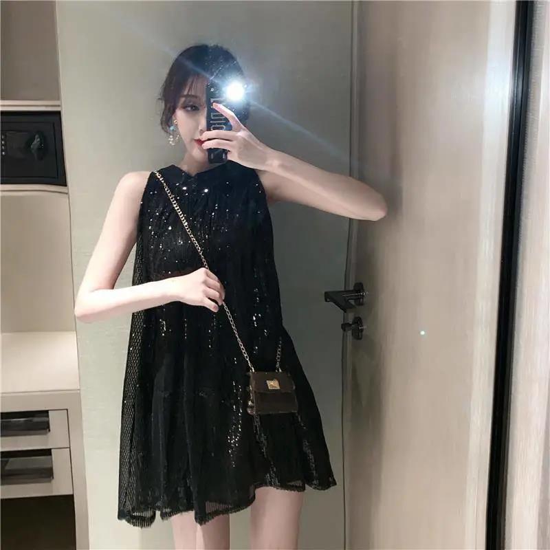 Tutu Sequins Shiny Women's Summer Vest Dress Sleeveless Round Neck Knee-length Daily Wear Home Dating Party