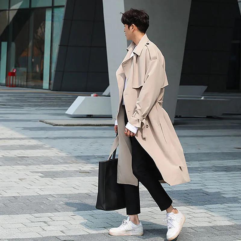 Spring & Fall Men Windbreaker Casual Loose Coat Solid Color Button Jacket Trend Parka Long
