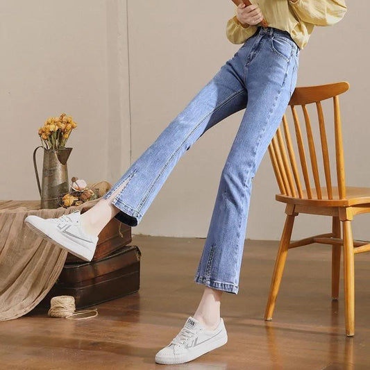 Flared Jeans Women's High Waist Slim Fit Spring Split Up Ninth Denim Pants Retro All Match Comfortable Breathable Jeans
