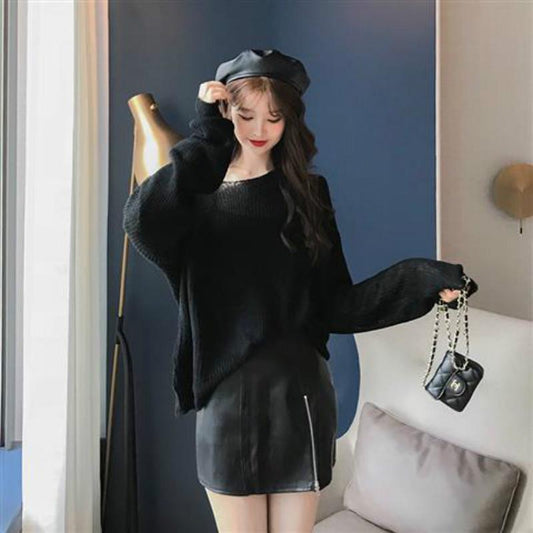 Pofulove Long Sleeve Pullover Retro Bottoming Shirt Winter Girl Thin Lazy Wind Loose Hollow Sweater