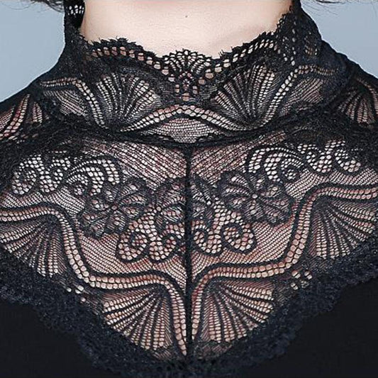 Women's Lace Bottoming Shirt Spring and Autumn All-match Slim Black Top