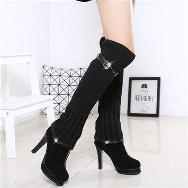 Women High Boots Stiletto High Heels Ladies Elastic Knee-high Boots Autumn Winter Knit Plus Velvet Boots