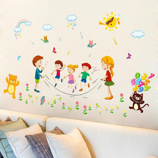 Happy jumping rope kindergarten background decorative wall stickers childhood wallpaper