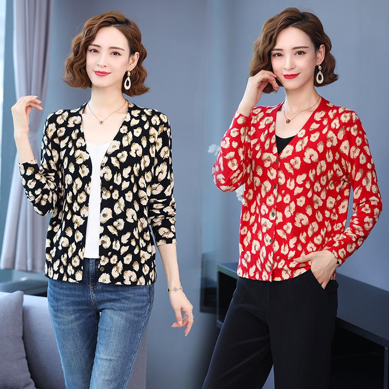 Autumn Winter Ladies Printed Knit Cardigan Sweater Fashion V-neck Knit Jacket Woolen Sweater Coat